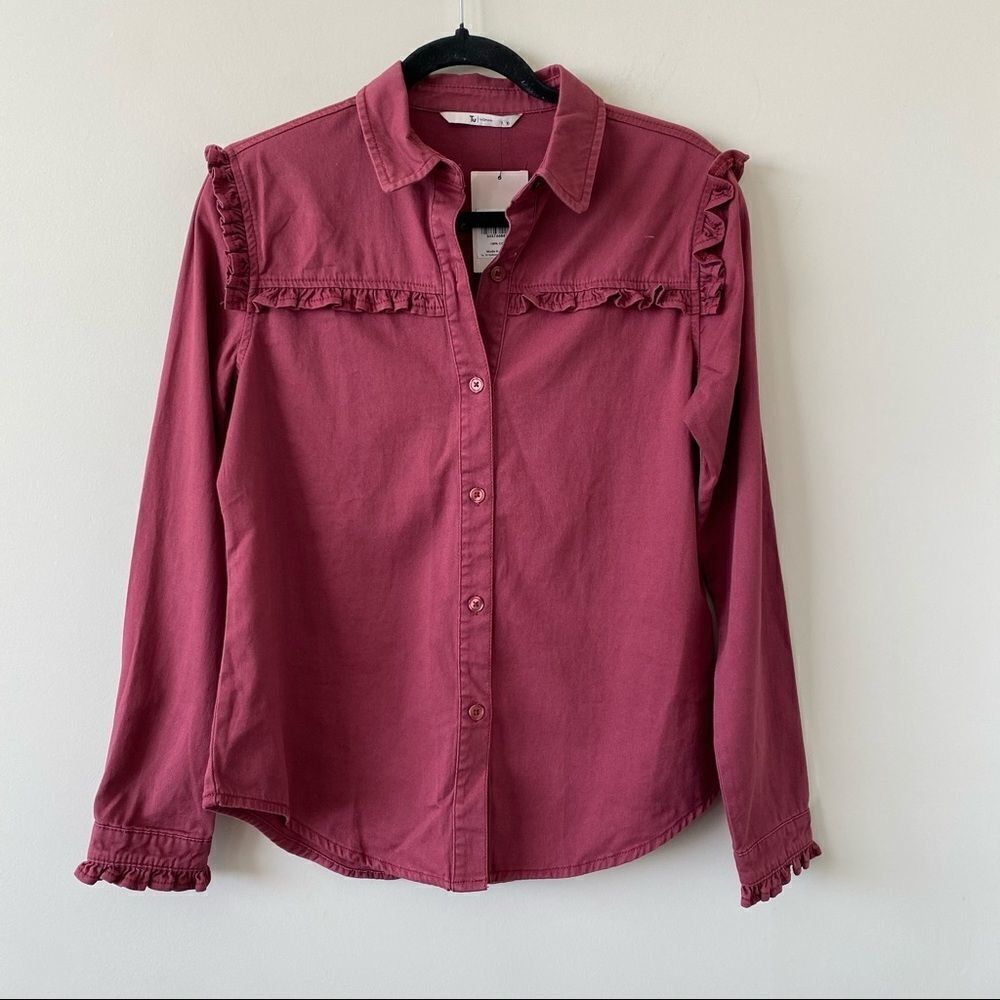 Tu - Brick Red Ruffle Button Down Shirt - Small